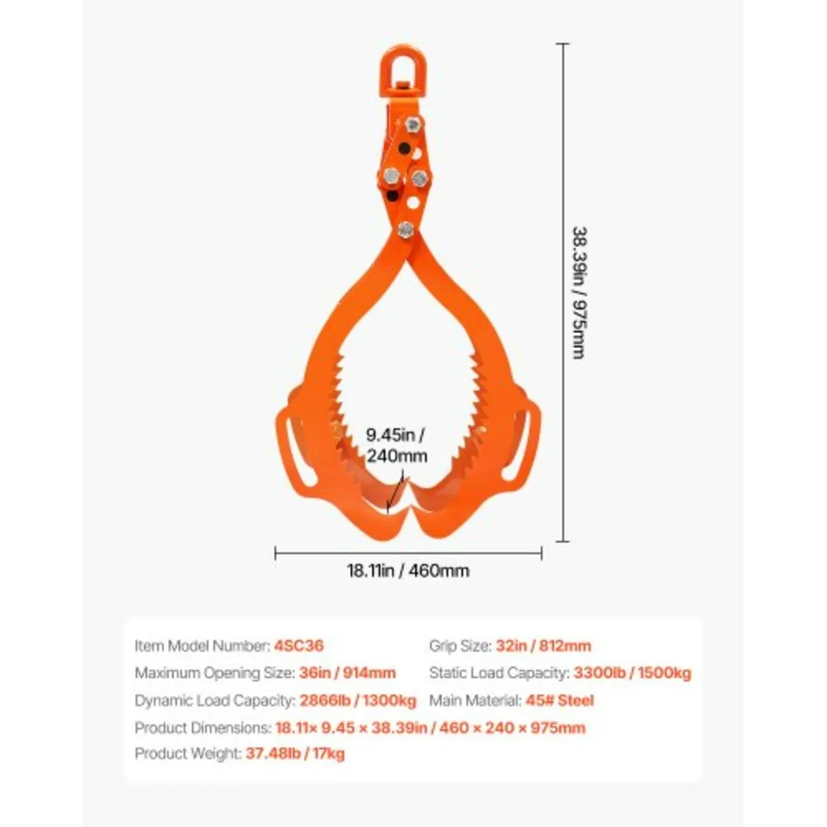 36in Log Lifting Tongs 4 Claw Solid Steel Log Grap - Image 2