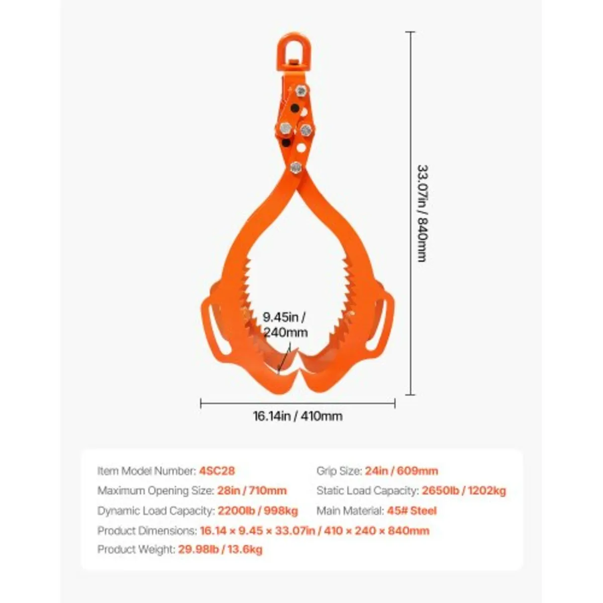 28in Log Lifting Tongs 4 Claw Solid Steel Log Grap - Image 2