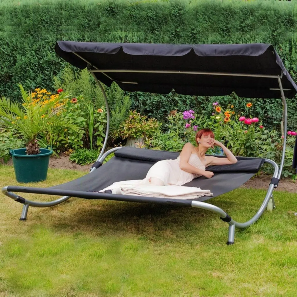 Sun Lounger with Canopy For 2 People - Image 2