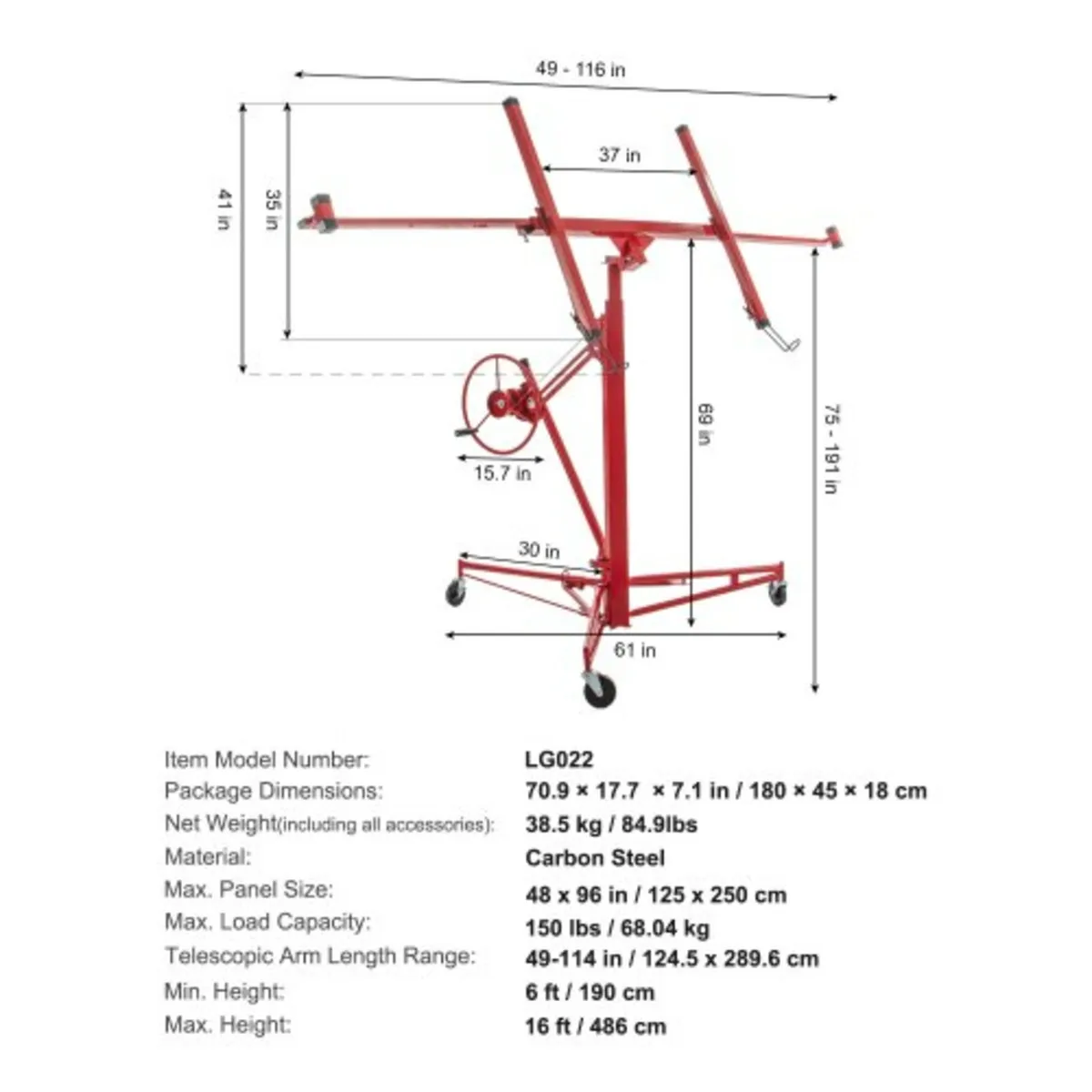Drywall Rolling Lifter Panel, 16ft Sheetrock Lift - Image 4