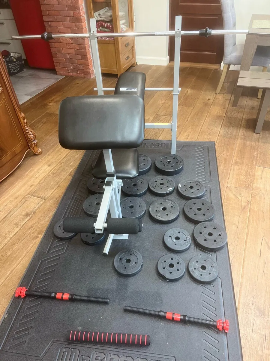 Bench barbell dumbbells and weights - Image 1