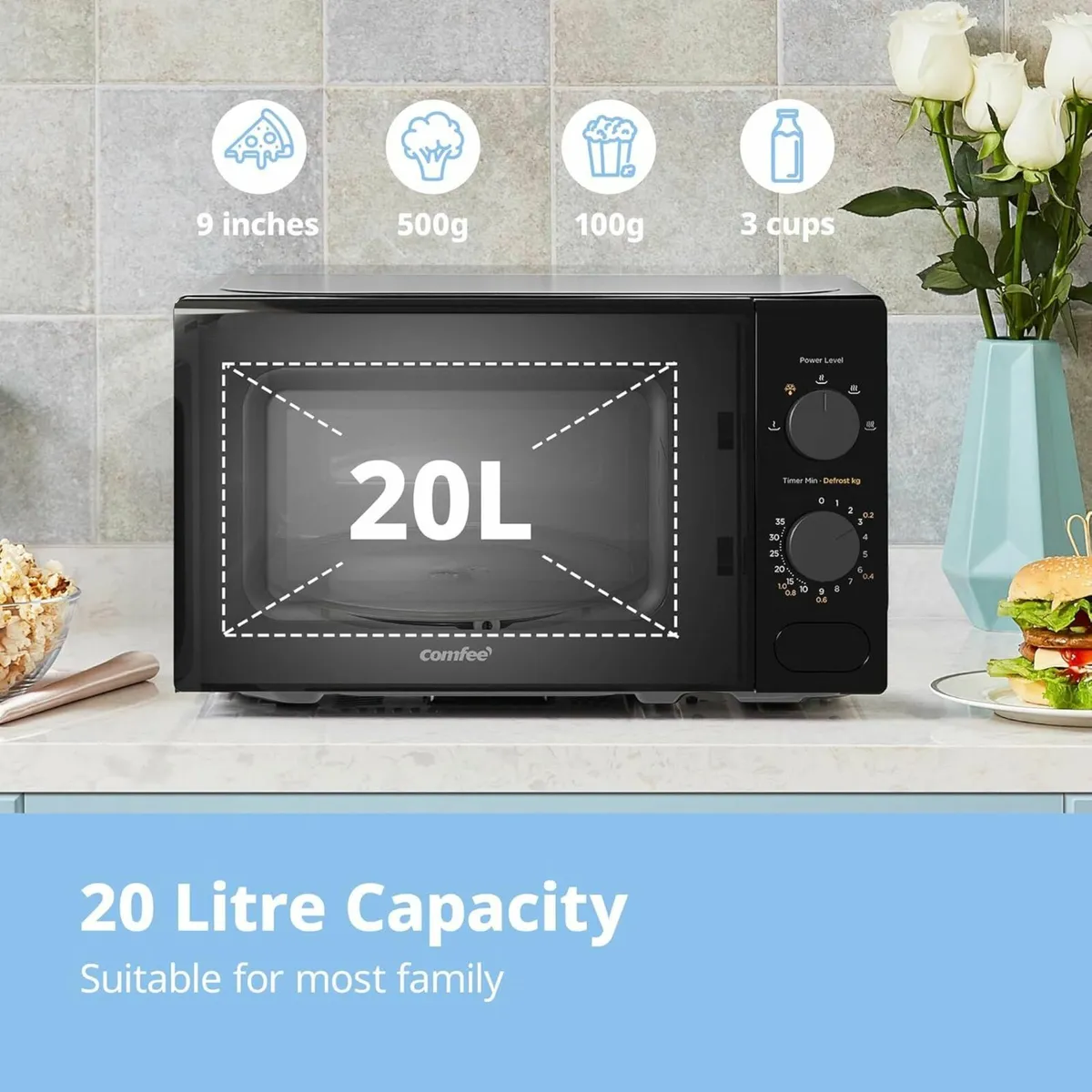 Black Compact Microwave Oven Manual Control 20L - Image 4