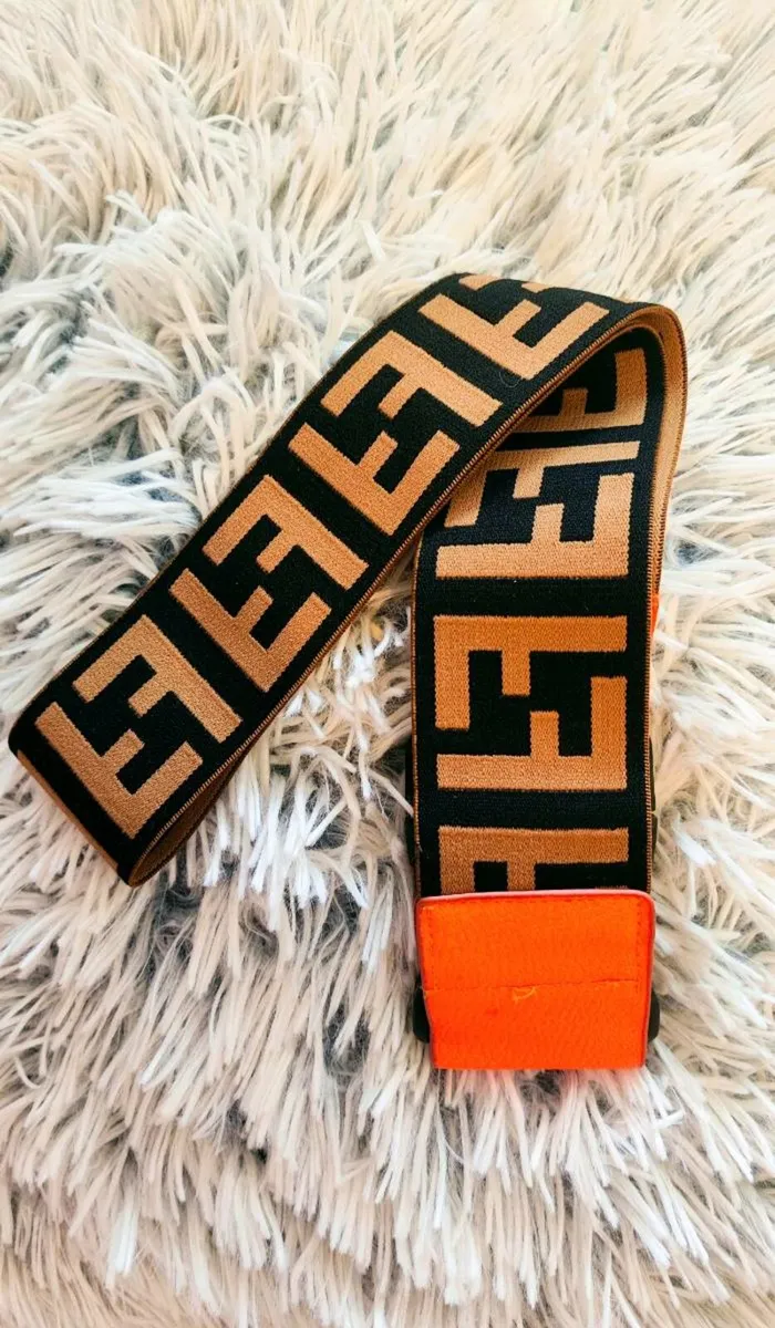 Fendi-style Elastic Belt with Orange Buckle Detail - Image 3