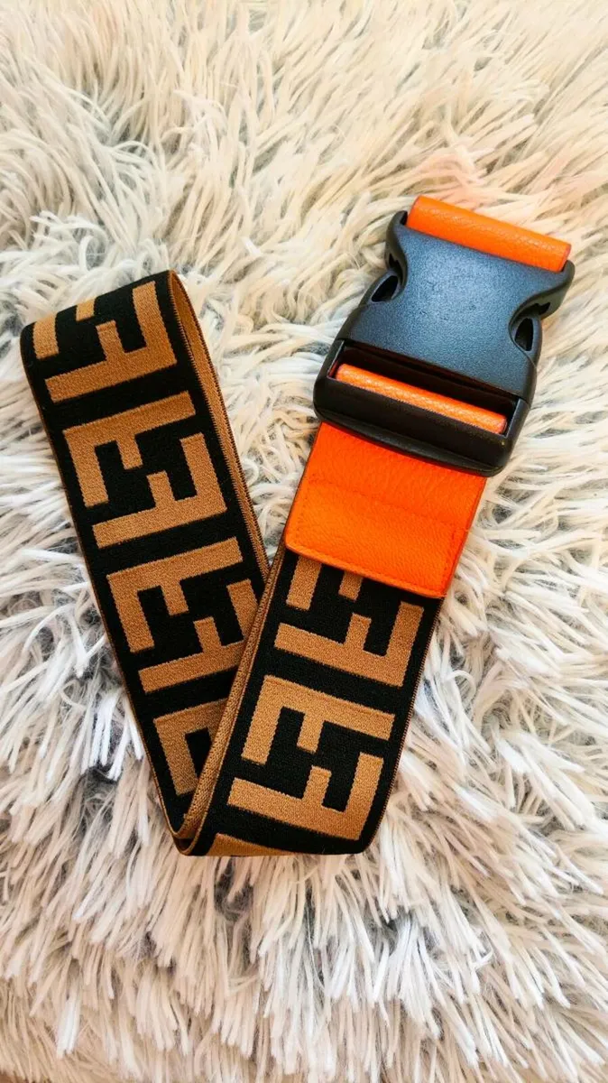 Fendi-style Elastic Belt with Orange Buckle Detail - Image 4