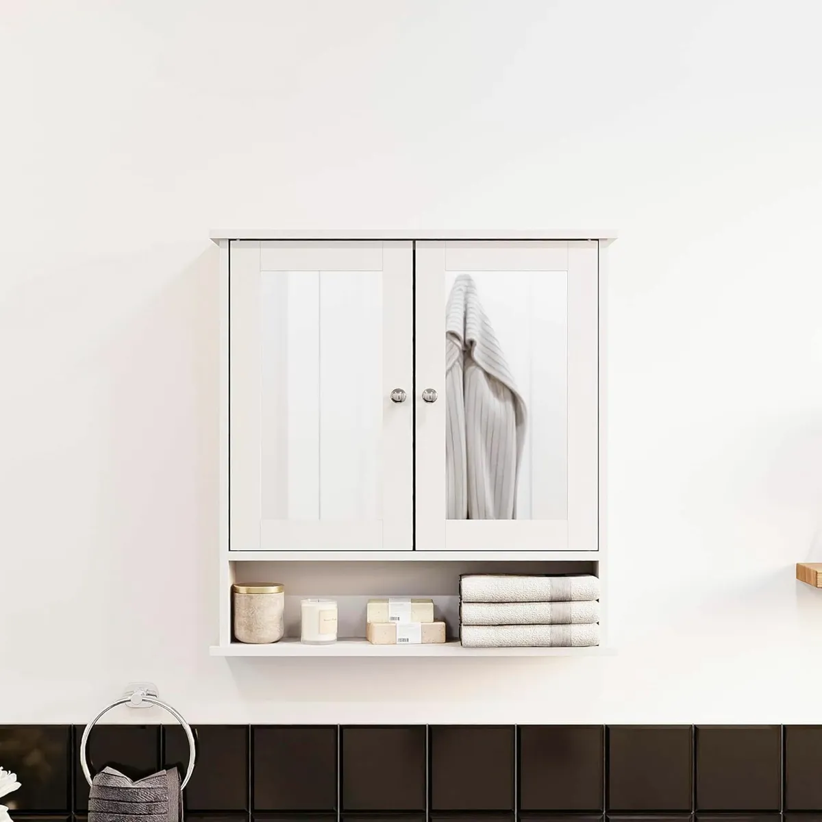 Bathroom Cabinet, Wood, White, Mirrored Storage - Image 2