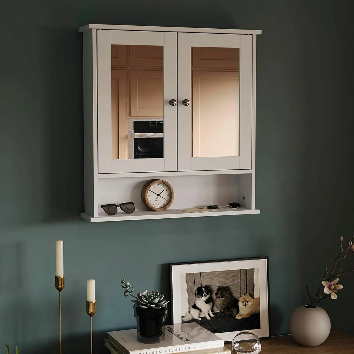 Bathroom Cabinet, Wood, White, Mirrored Storage - Image 1