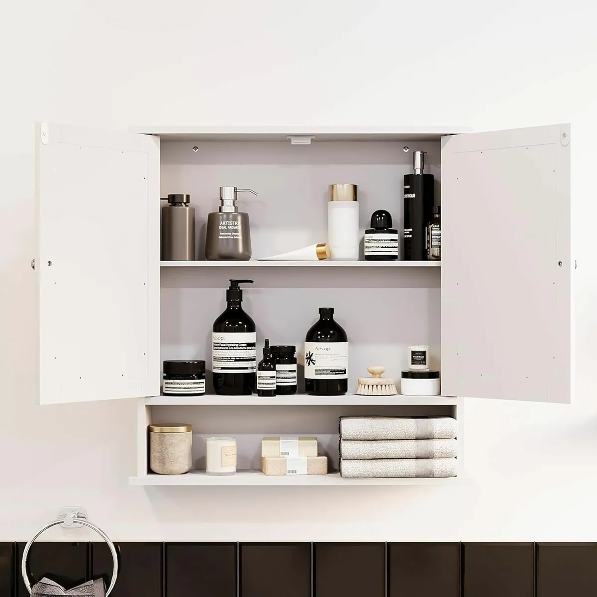 Bathroom Cabinet, Wood, White, Mirrored Storage - Image 3