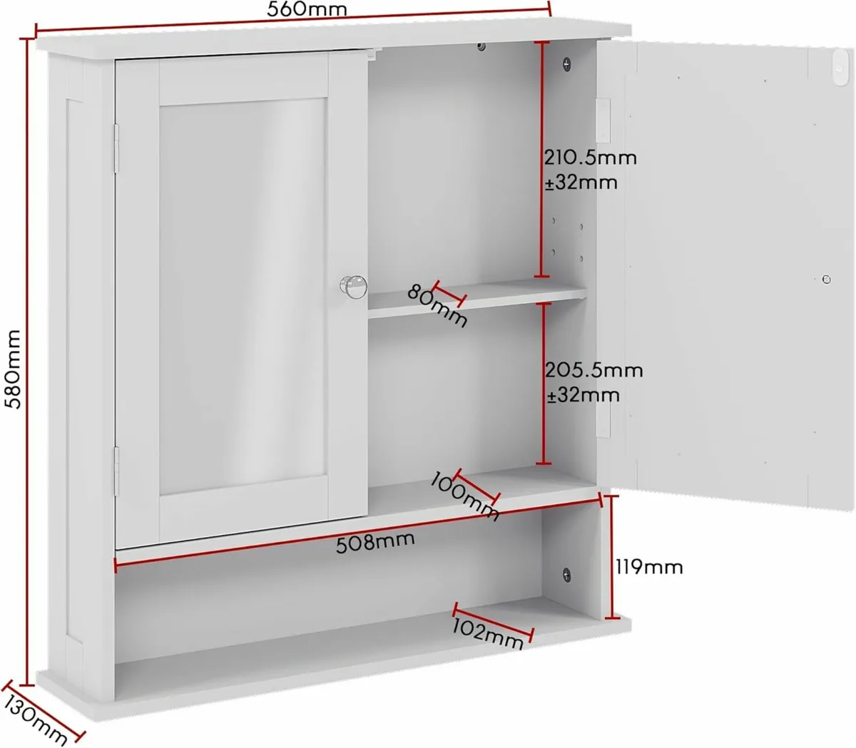 Bathroom Cabinet, Wood, White, Mirrored Storage - Image 4