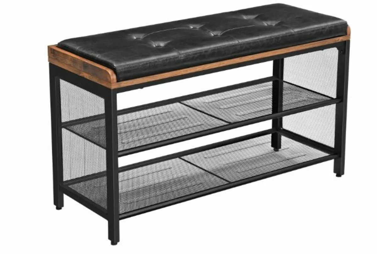Shoe bench, upholstered bench with mesh shelf - Image 1