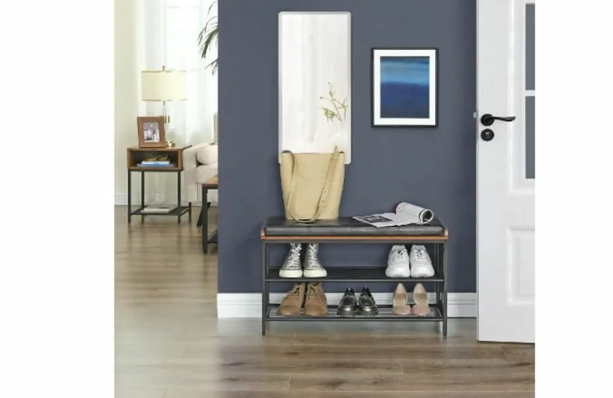 Shoe bench, upholstered bench with mesh shelf - Image 2