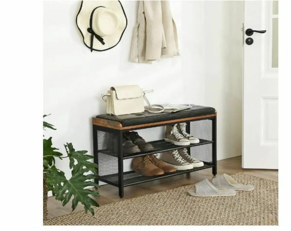 Shoe bench, upholstered bench with mesh shelf - Image 3