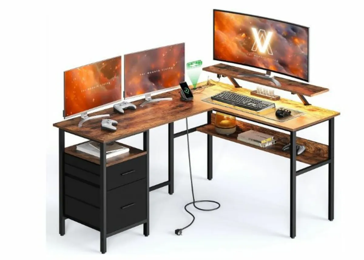 L-Shaped Desk with Sockets, Corner Desk - Image 1