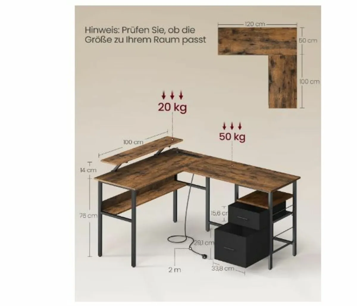 L-Shaped Desk with Sockets, Corner Desk - Image 2