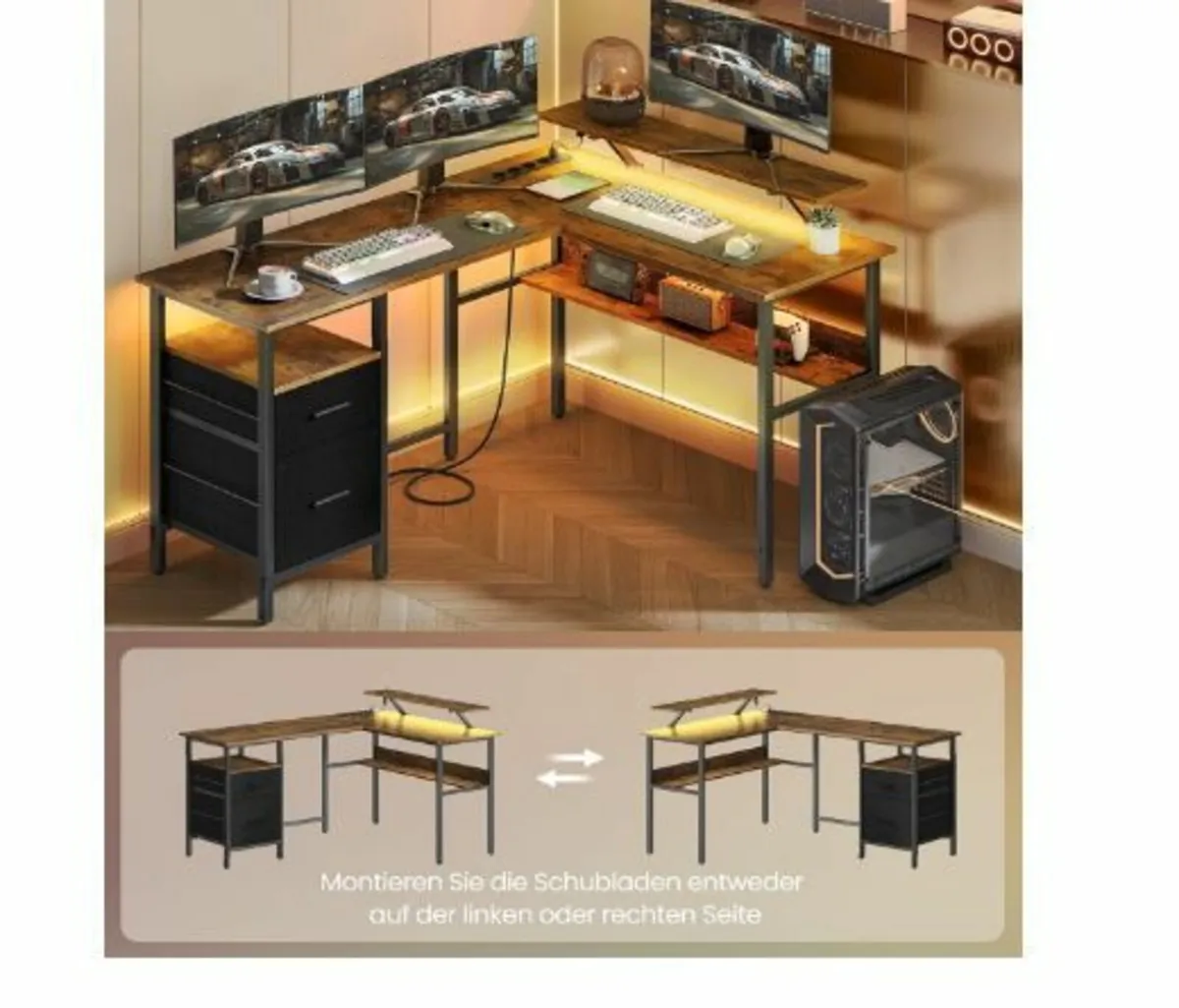 L-Shaped Desk with Sockets, Corner Desk - Image 3