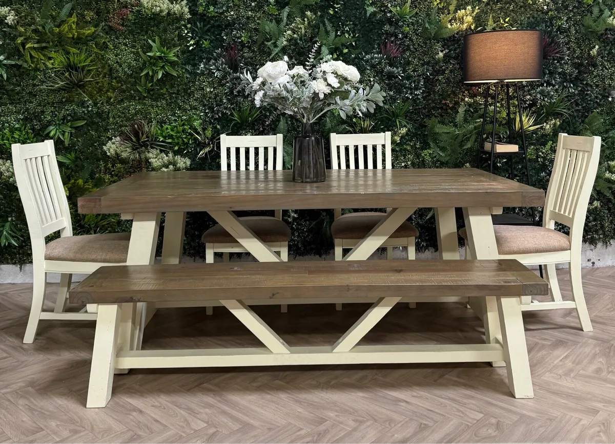 Rustic style kitchen table, 4 chairs & bench - Image 1