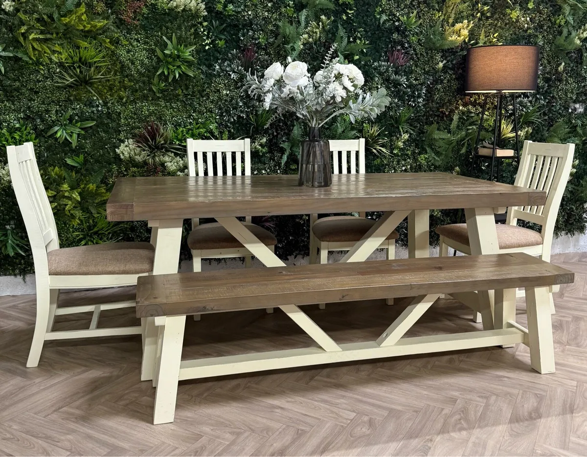 Rustic style kitchen table, 4 chairs & bench - Image 2