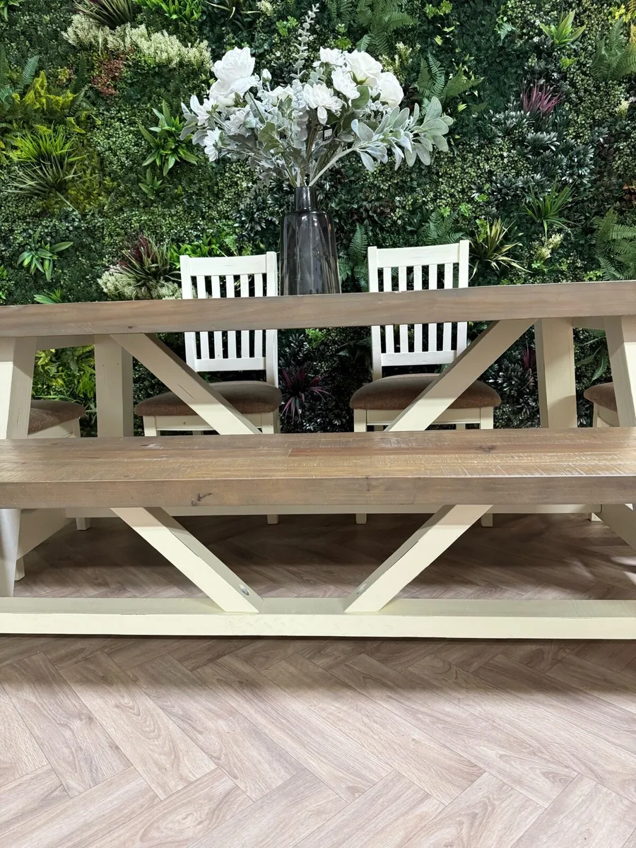 Rustic style kitchen table, 4 chairs & bench - Image 4