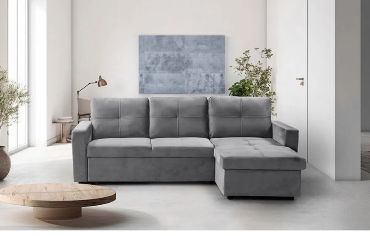 Dark Grey Corner Sofa Bed with Storage – New - Image 1