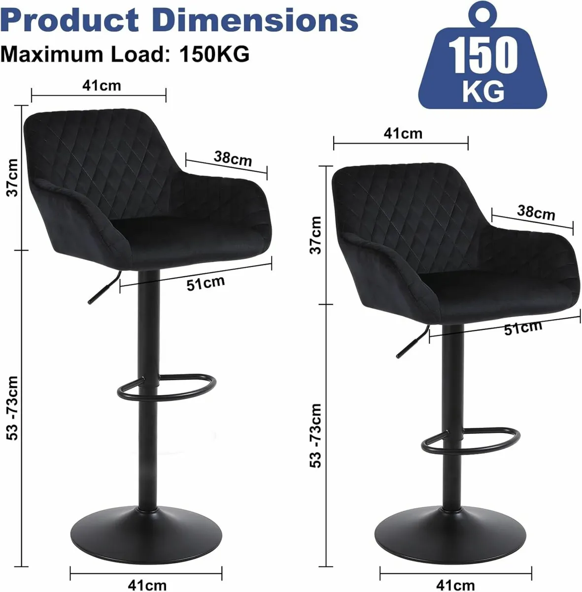 Bar Stools Set of 2 Height Adjustable Velve Chairs - Image 4