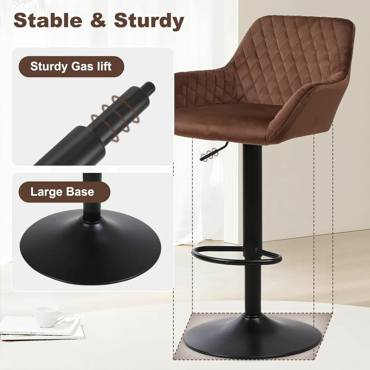 Bar Stools Set of 2 Adjustable Velvet chair Brown - Image 3