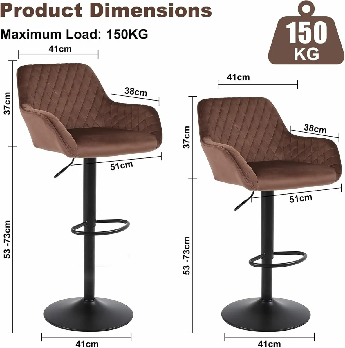 Bar Stools Set of 2 Adjustable Velvet chair Brown - Image 4
