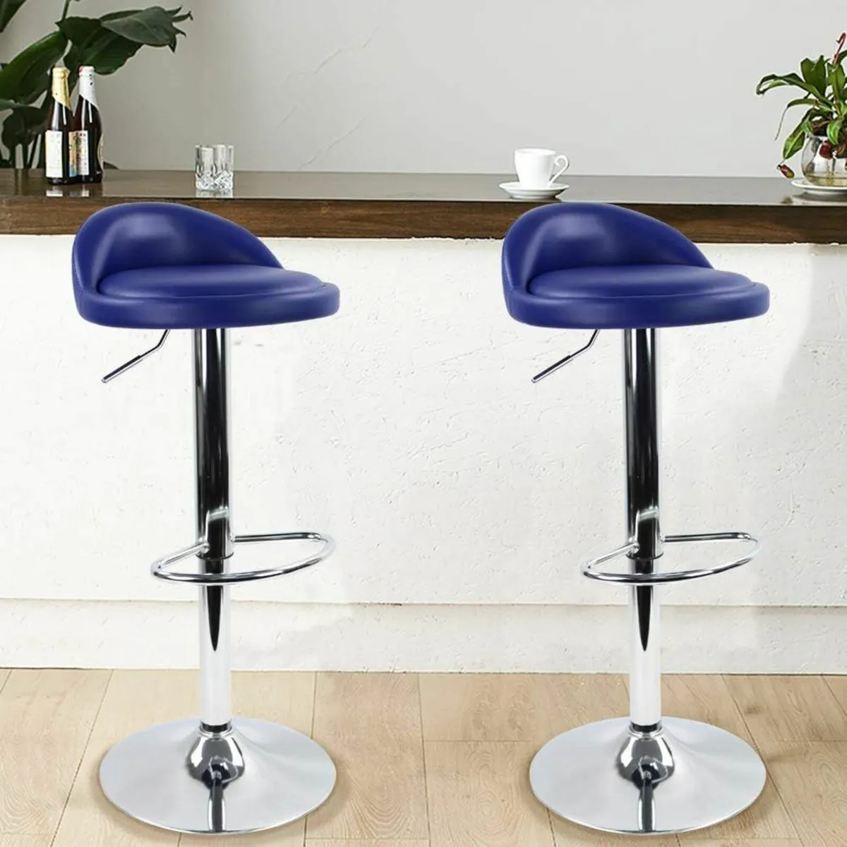1 PU Leather Round Bar Stool with Back Rest blue - Image 1