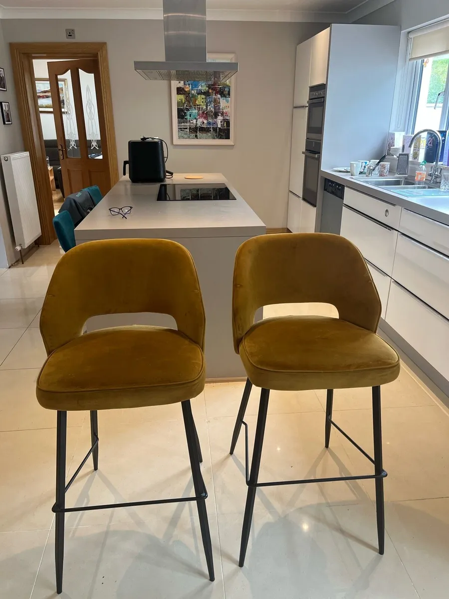 Pair of Mustard Velvet Barstools. - Image 1