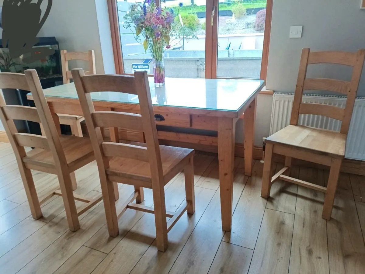 Table and 6 chairs, glass top and bench. - Image 1