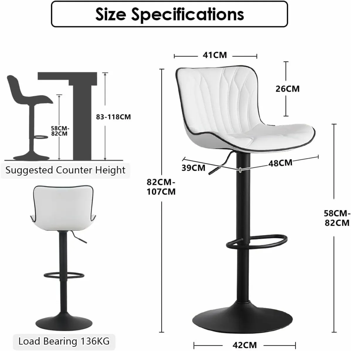 Set of 2 Breakfast Barstools Swivel Counter white - Image 3