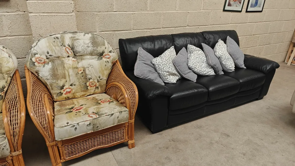 3 Seater Black Real Leather Sofa - Image 2