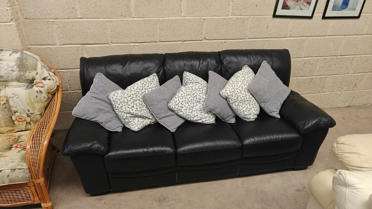 3 Seater Black Real Leather Sofa - Image 1