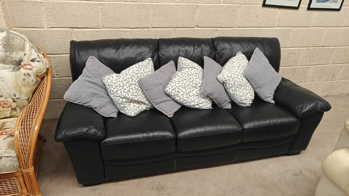 3 Seater Black Real Leather Sofa - Image 3