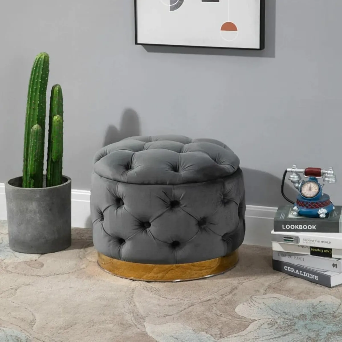 Round Velvet-Touch Storage Stool Ottoman Button Tu - Image 3