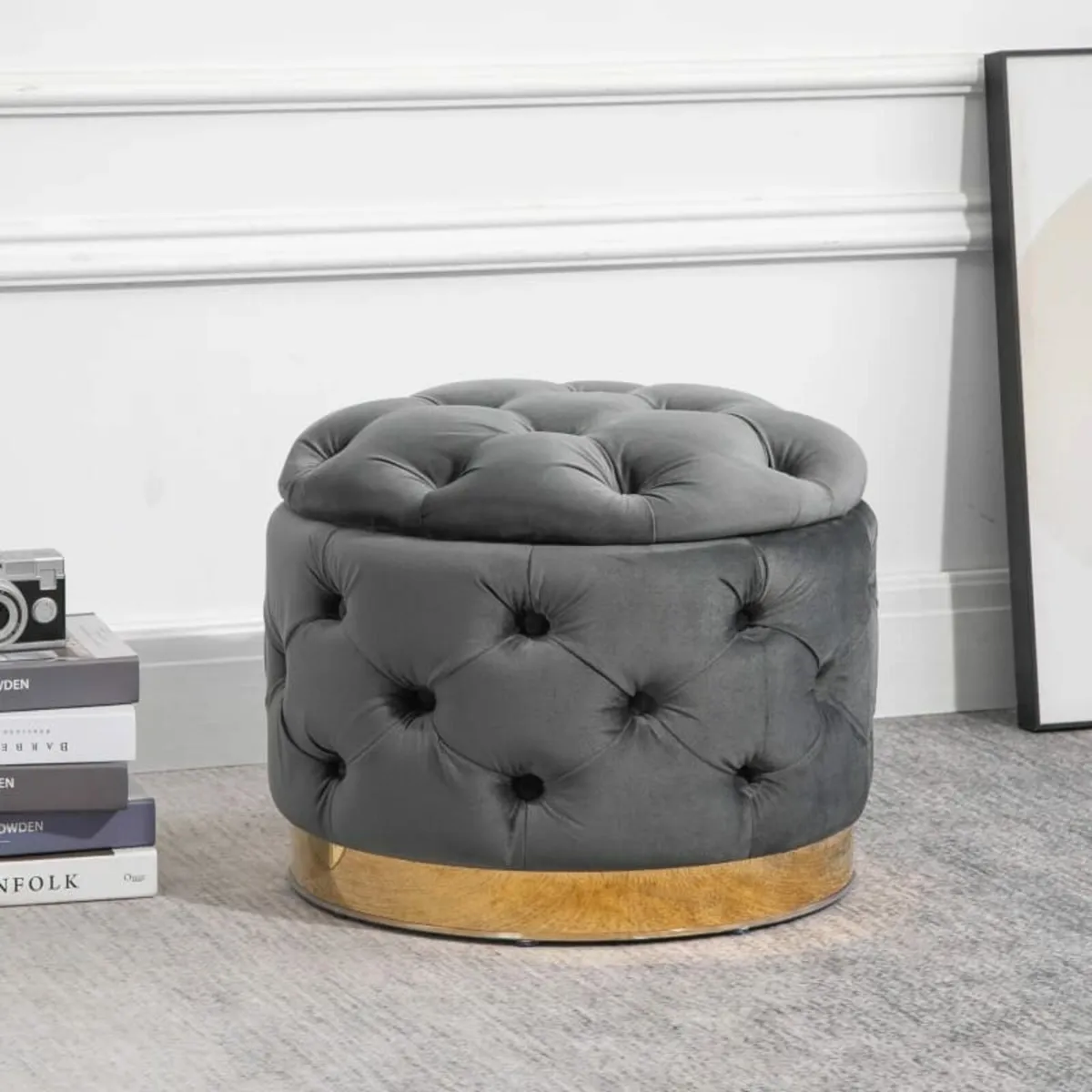 Round Velvet-Touch Storage Stool Ottoman Button Tu - Image 4