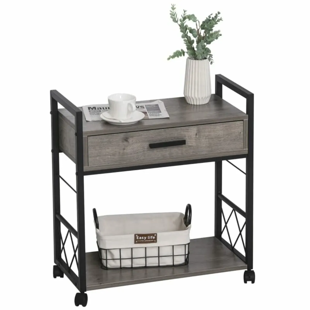 Side Table with 1 Drawer, Shelf, Wheels Wooden Bed - Image 2