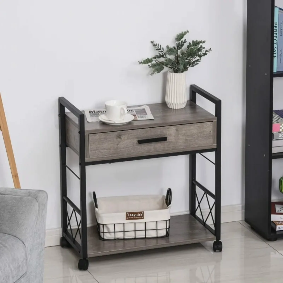 Side Table with 1 Drawer, Shelf, Wheels Wooden Bed - Image 3