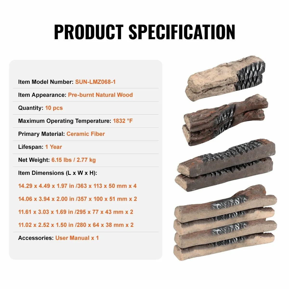 10 Piece Gas Fireplace Logs Ceramic Fire Pit Decor - Image 3