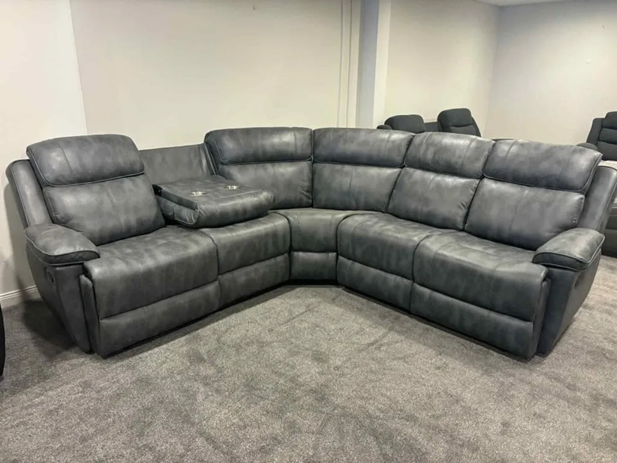 New grey fabric sofa recliner with cup holders - Image 1
