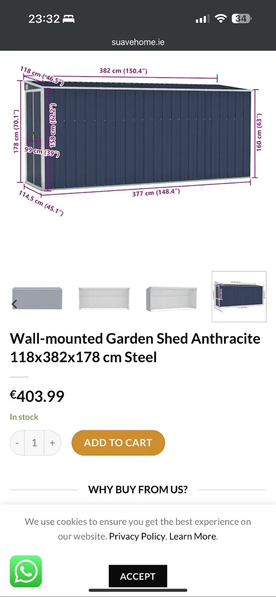 Wall mounted Garden Shed Anthracite 118x382x178 cm - Image 1