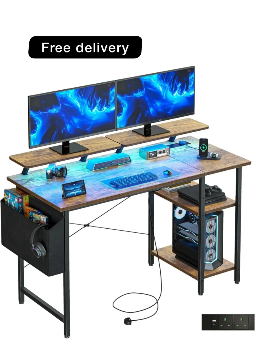 Gaming Desk with LED Lights & Power Outlets - Image 1