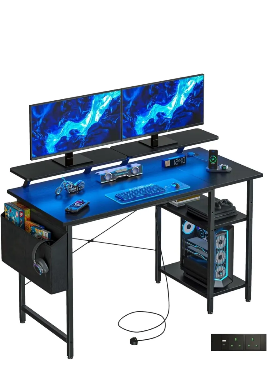 Gaming Desk with LED Lights & Power Outlets Black - Image 3