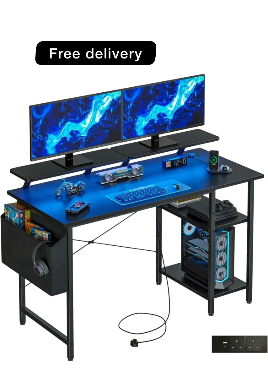 Gaming Desk with LED Lights & Power Outlets Black - Image 1