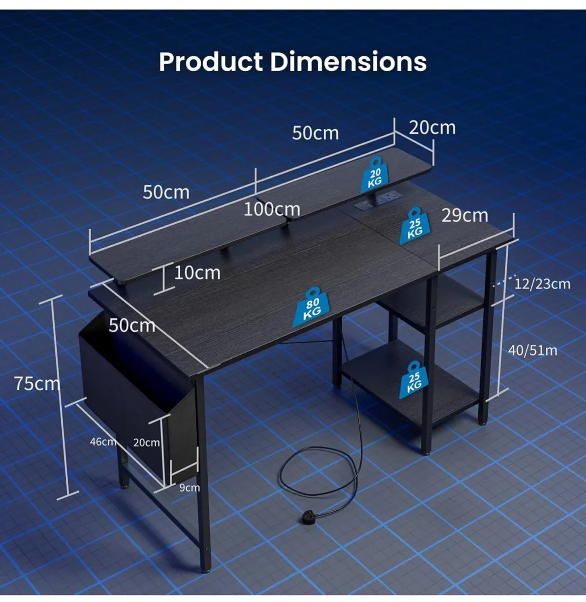 Gaming Desk with LED Lights & Power Outlets Black - Image 2