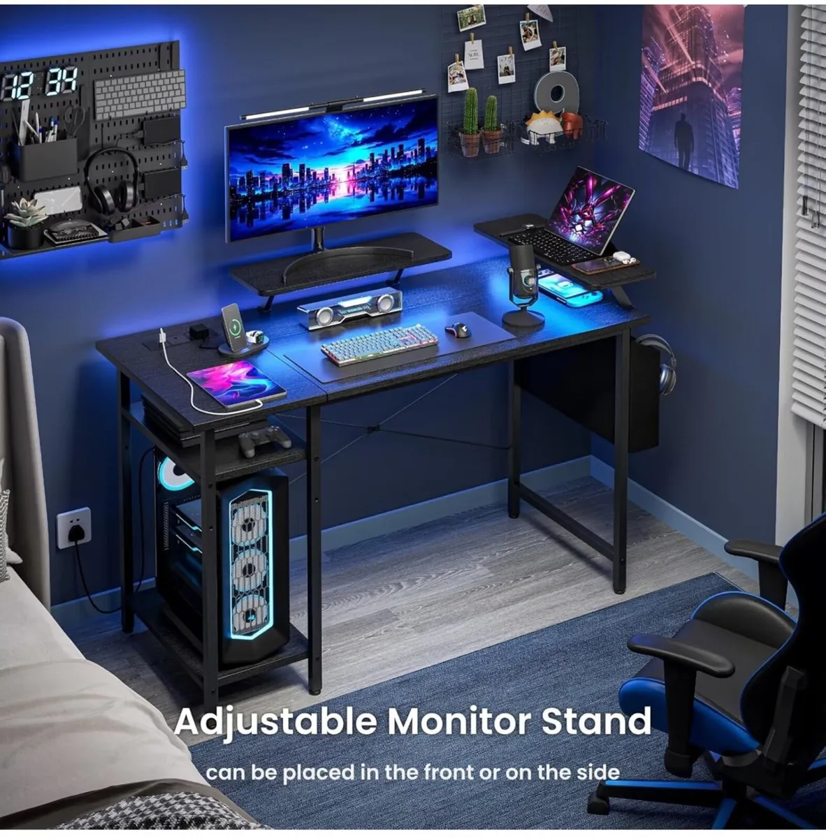 Gaming Desk with LED Lights & Power Outlets Black - Image 4