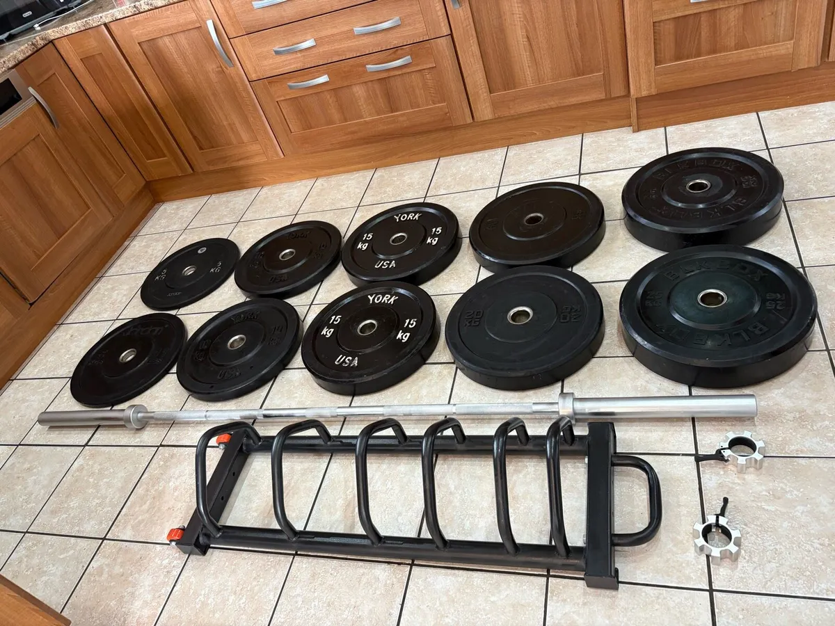 OLYMPIC BLACK BUMPER PLATES, BARBELL, TOASTER RACK - Image 1