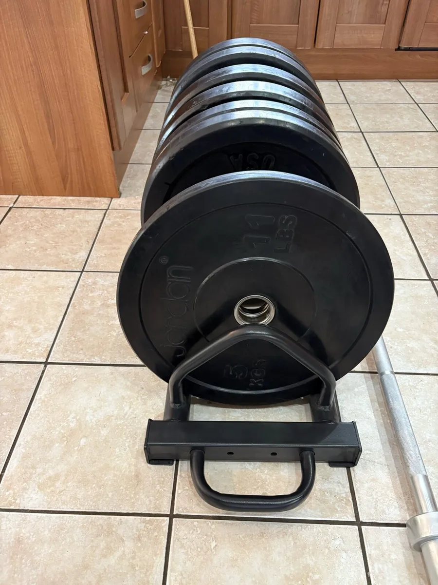 OLYMPIC BLACK BUMPER PLATES, BARBELL, TOASTER RACK - Image 2