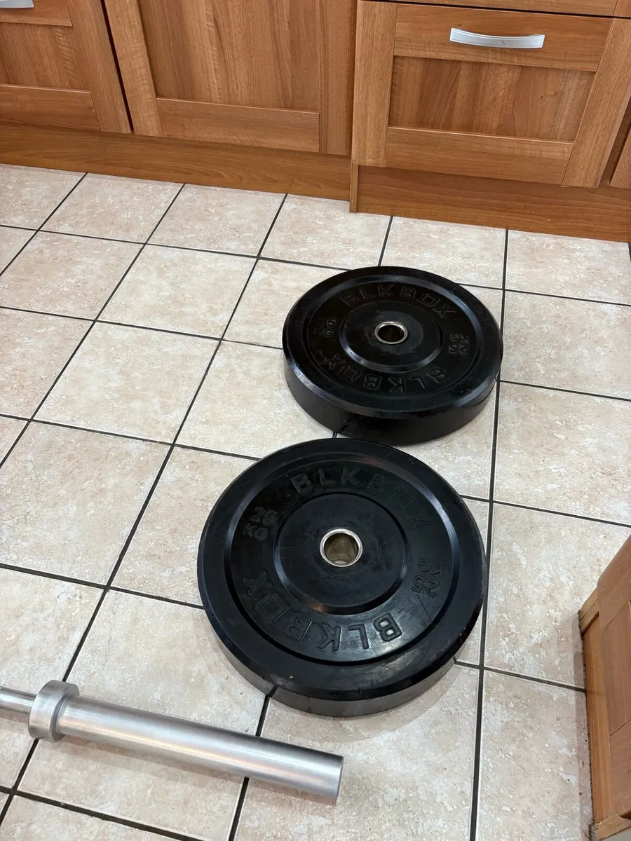 OLYMPIC BLACK BUMPER PLATES, BARBELL, TOASTER RACK - Image 3