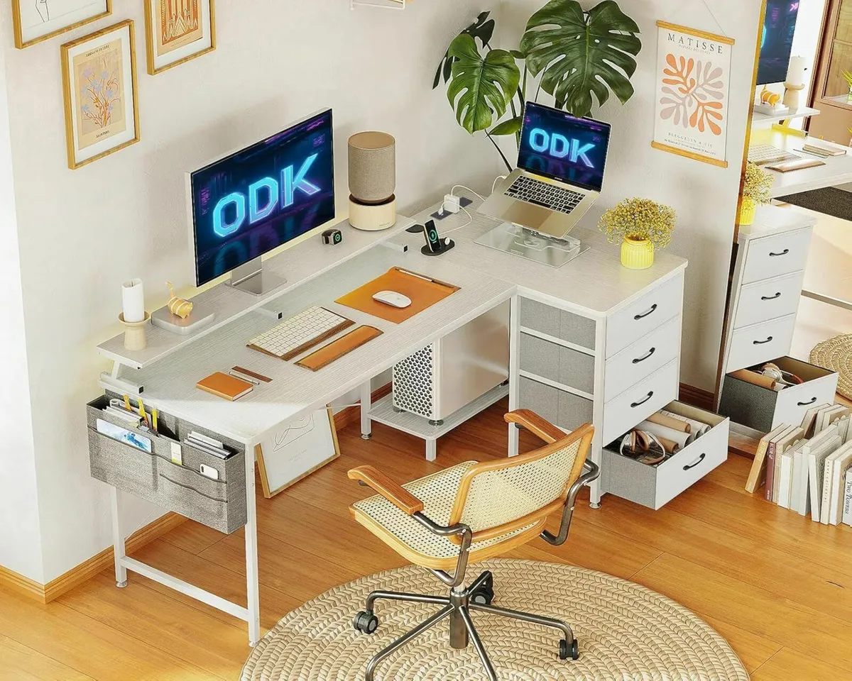 L Shaped Computer Office Desk Drawer 140x80cmWhite - Image 1