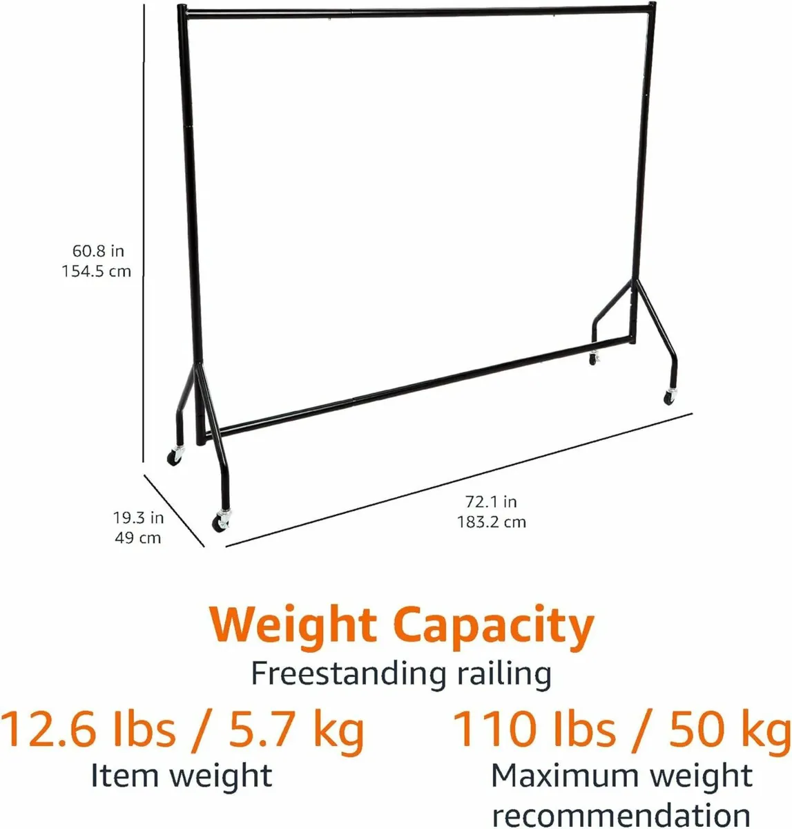 50kg Clothes Rail Garment Rail 1.82x1.52m, Black - Image 3