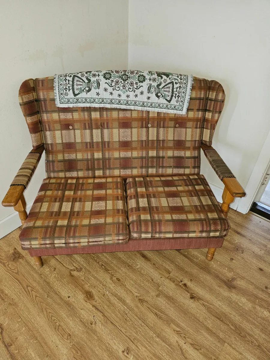 Vintage Wooden Arm 2-Seater Sofa - Image 1